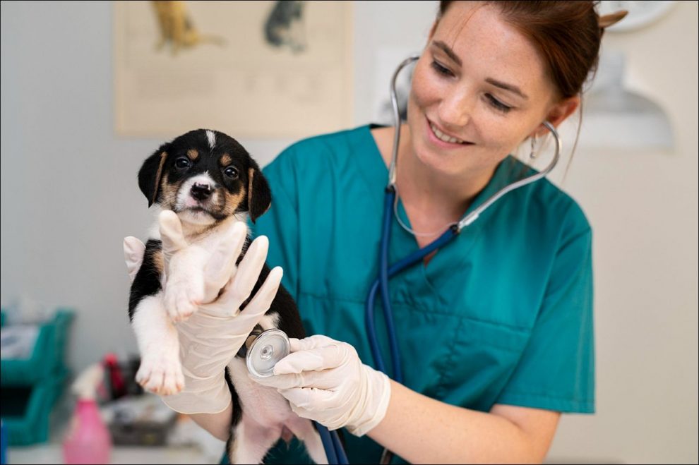 Veterinaria auscultando a un cachorro